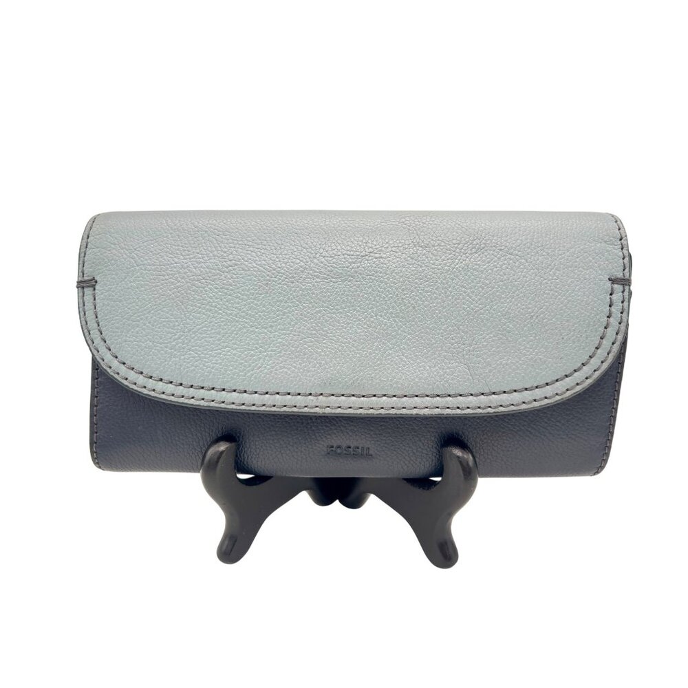 Fossil Cleo Leather Clutch Wallet Light Blue & Navy Leather Two-Tone - Picture 1 of 9